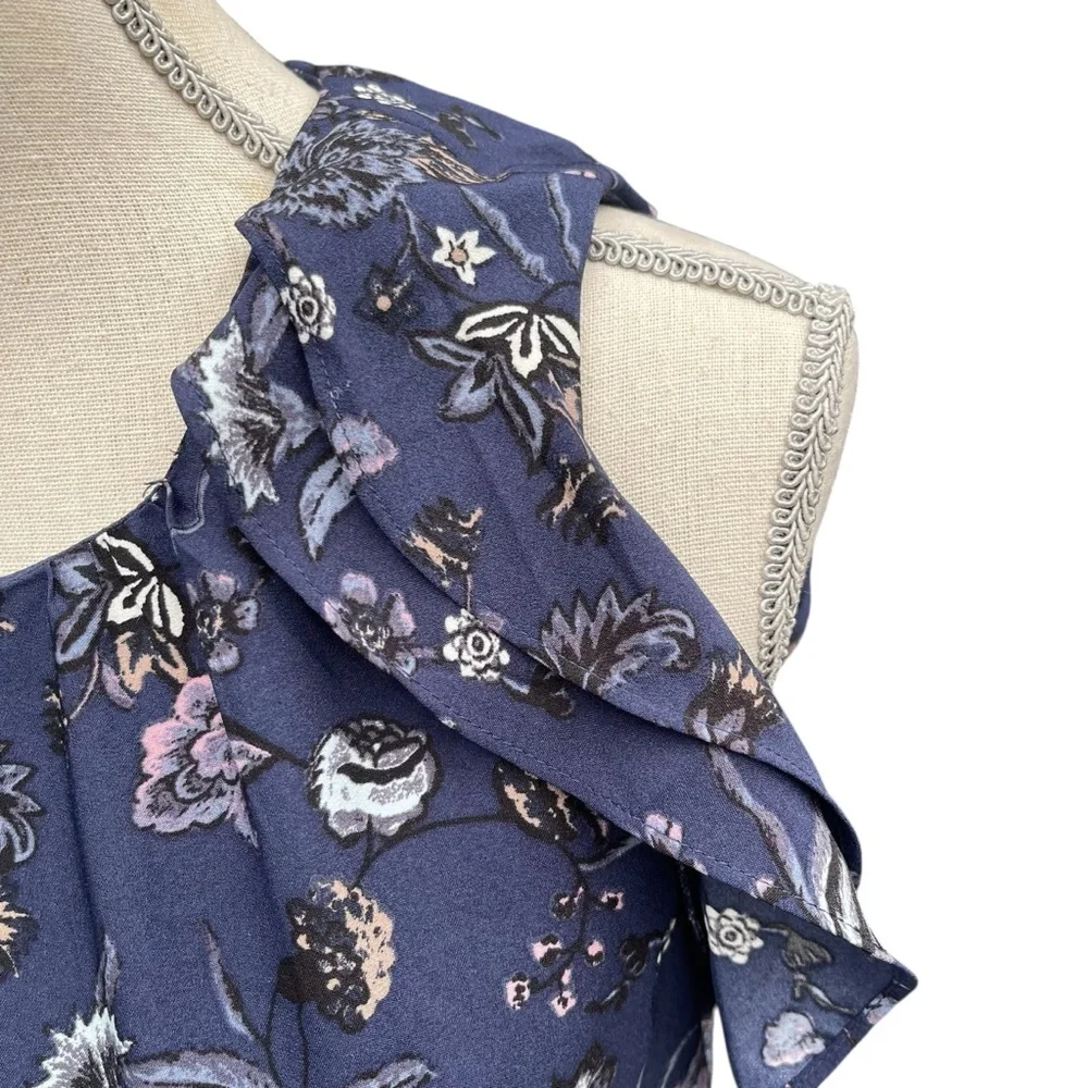 Ann Taylor Factory Blue Floral Cap Ruffle Shift Dress (10) - Picture 5 of 11